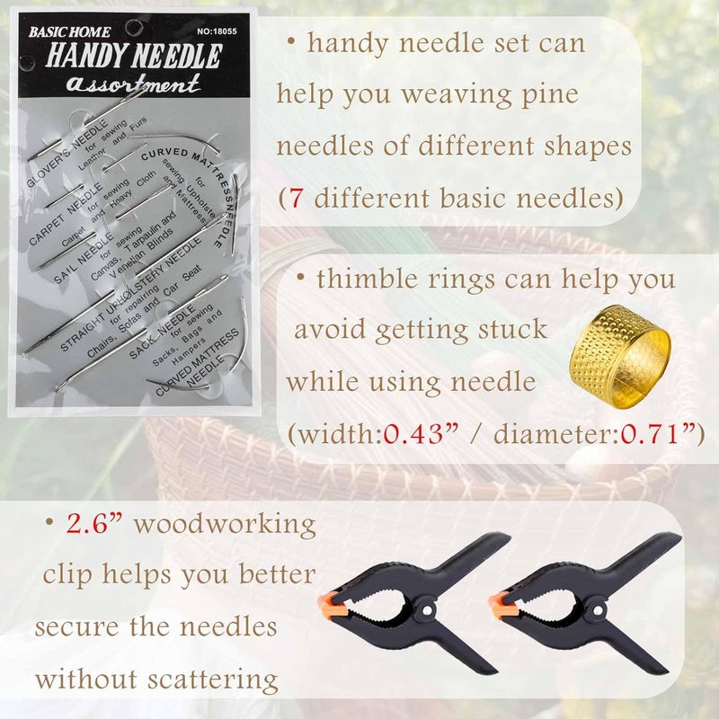 ARSTBETY Pine Needle Basket Making Set with Gauge Coiling Tool, Waxed Thread, Needle and Thimble Ring, Long Noce Pliers for Basket Making Rattan Weaving Basketry (Gold Basket Making Set with 4 Waxed Thread) - Image 3